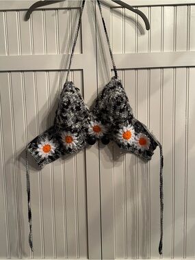 Handmade Gray Crochet Daisy Crop Top with Orange Accents